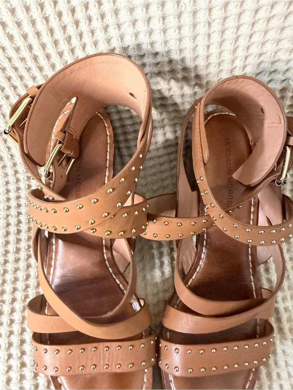 Sigerson Morrison Studded Leather Block Heel Sandals Tan Size 9B Designer Shoes - Picture 5 of 11